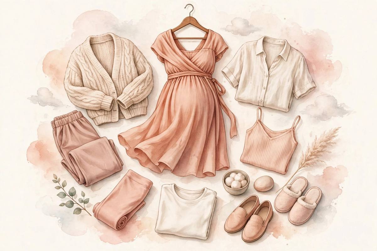 Ilustración suave de un armario cápsula minimalista de ropa de premamá en tonos melocotón y rosa