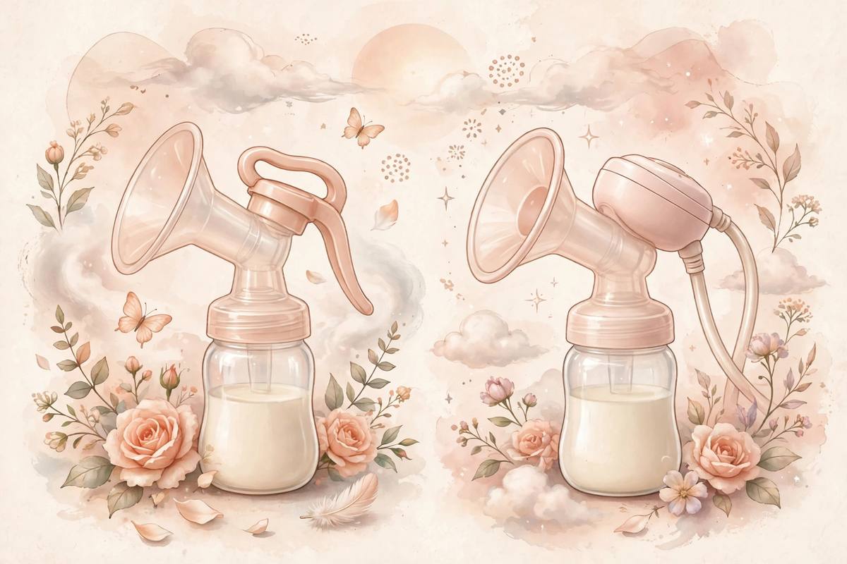 Ilustración suave que compara un sacaleches manual y uno eléctrico en tonos pastel