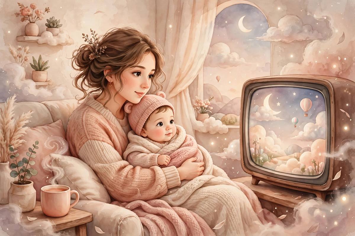 Ilustración suave de una madre con su bebé viendo series juntas en el sofá