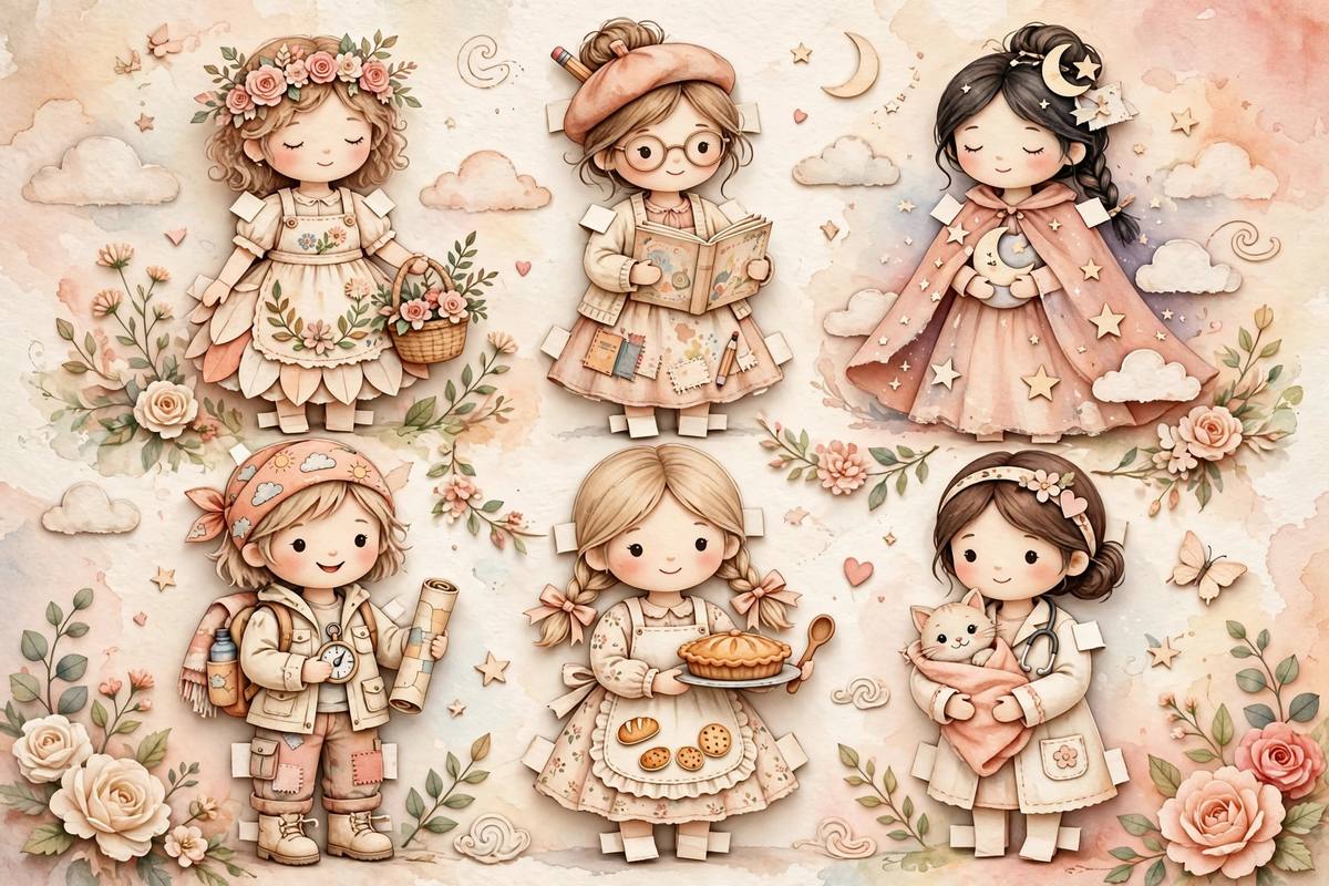 Ilustración divertida de diferentes arquetipos de mamá representadas como muñecas de papel sonrientes en tonos pastel
