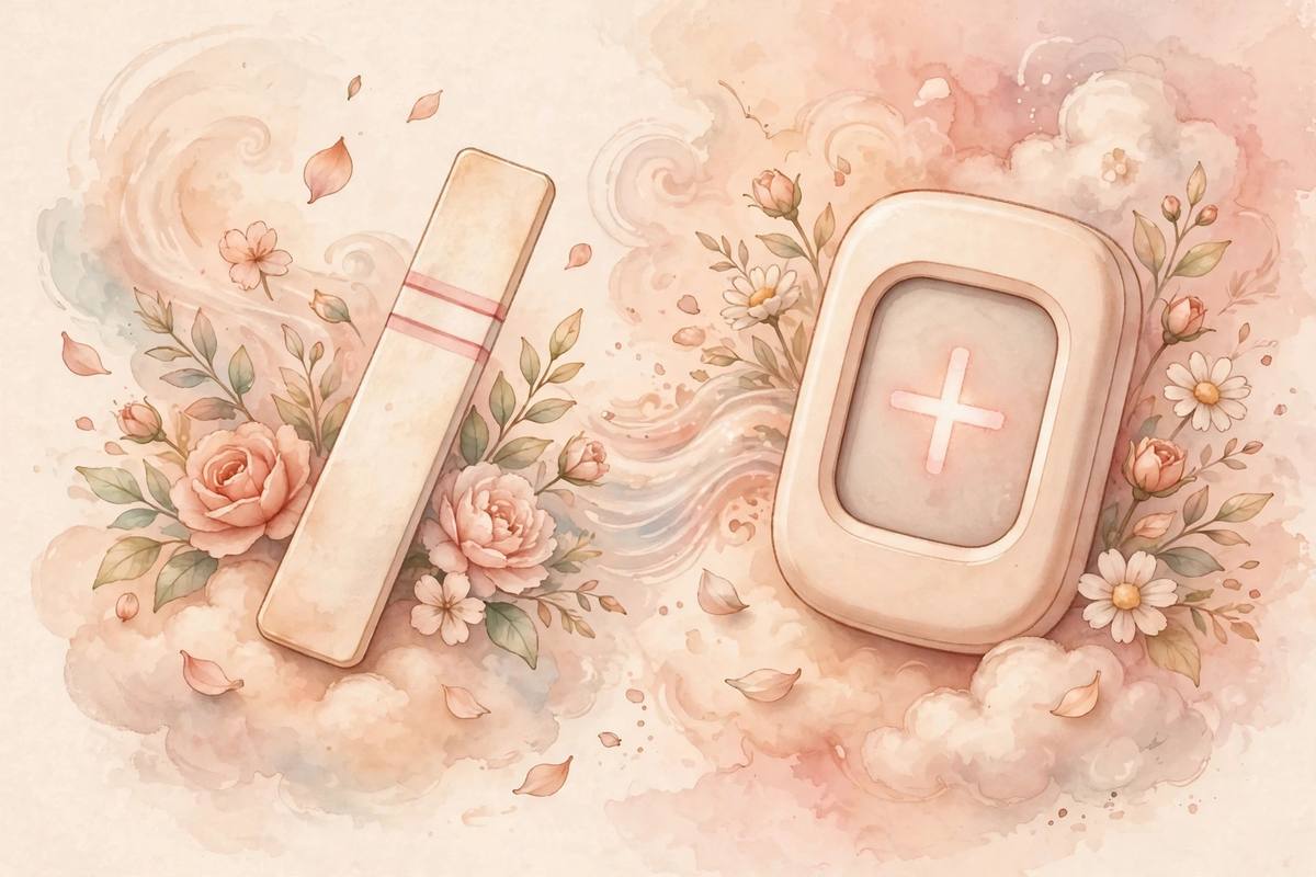 Ilustración suave de un test de embarazo de tira y uno digital sobre un fondo pastel en tonos melocotón