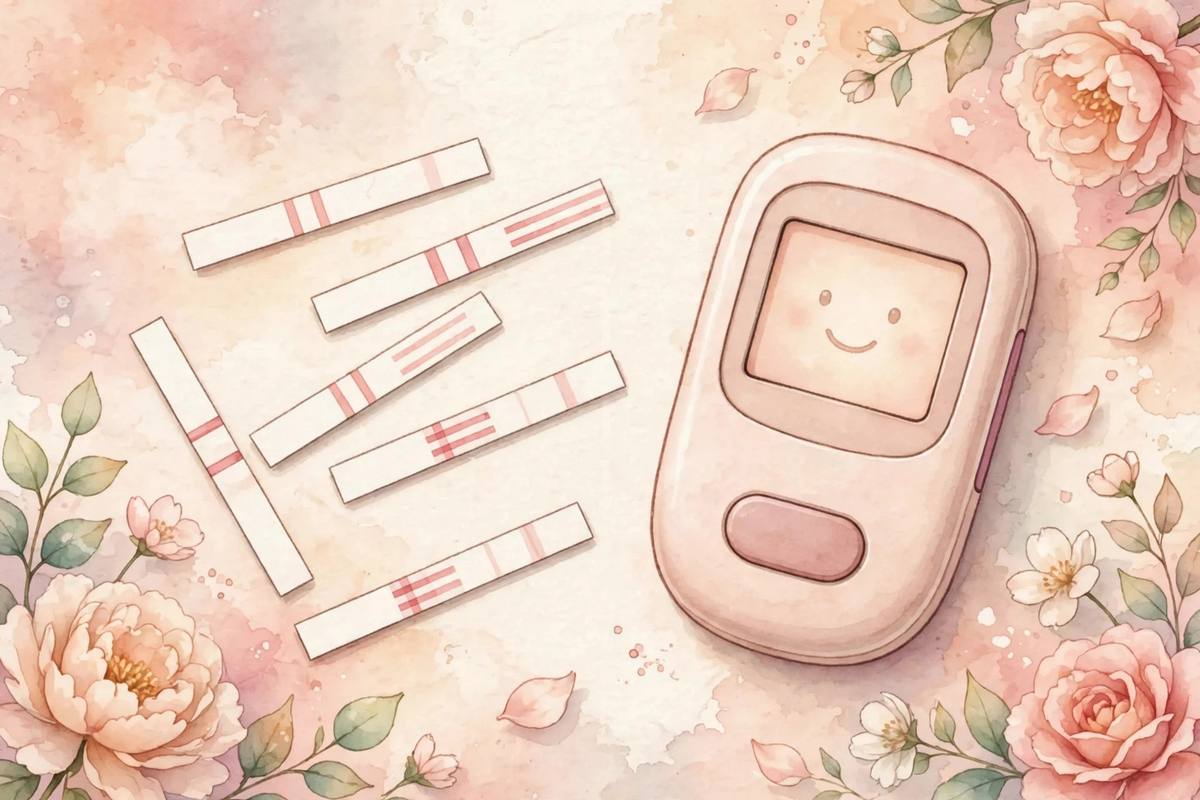 Ilustración suave de tiras reactivas de ovulación y un lector digital de prueba de ovulación sobre un fondo pastel en tonos melocotón