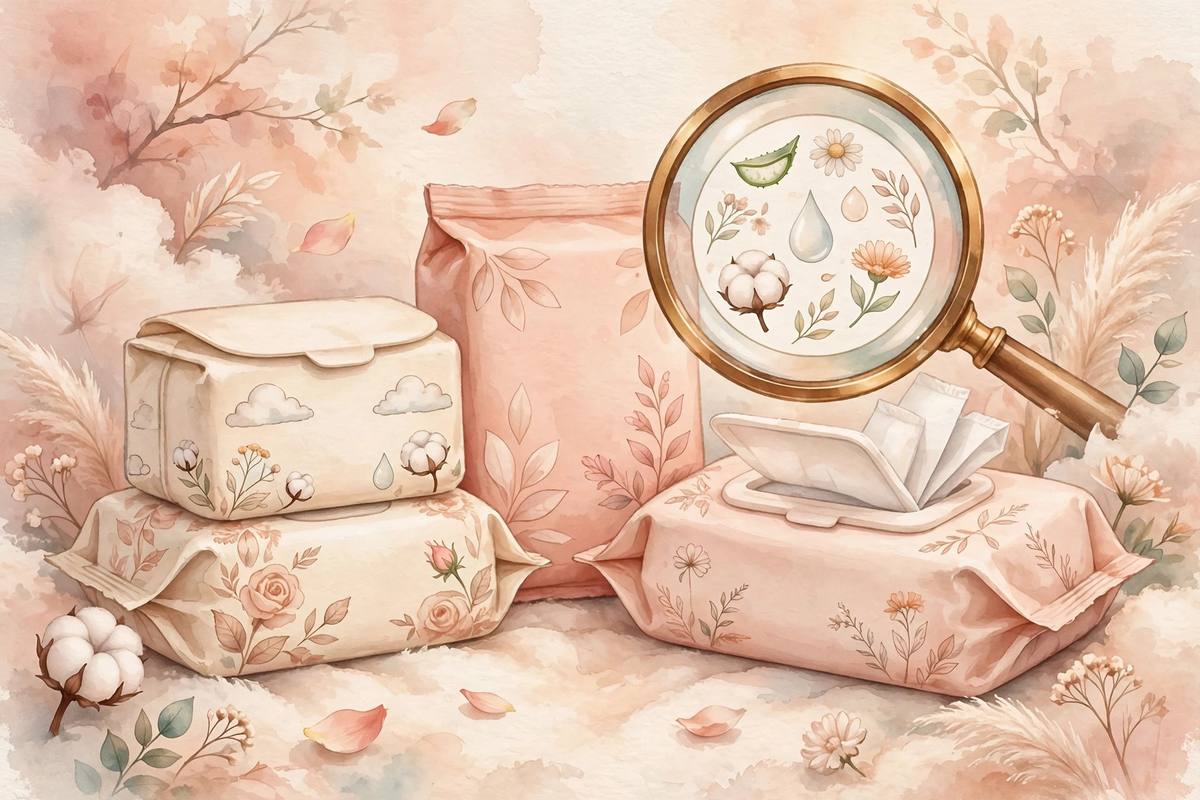 Paquetes de toallitas para bebé junto a una lupa sobre una lista de ingredientes, ilustración suave en tonos melocotón