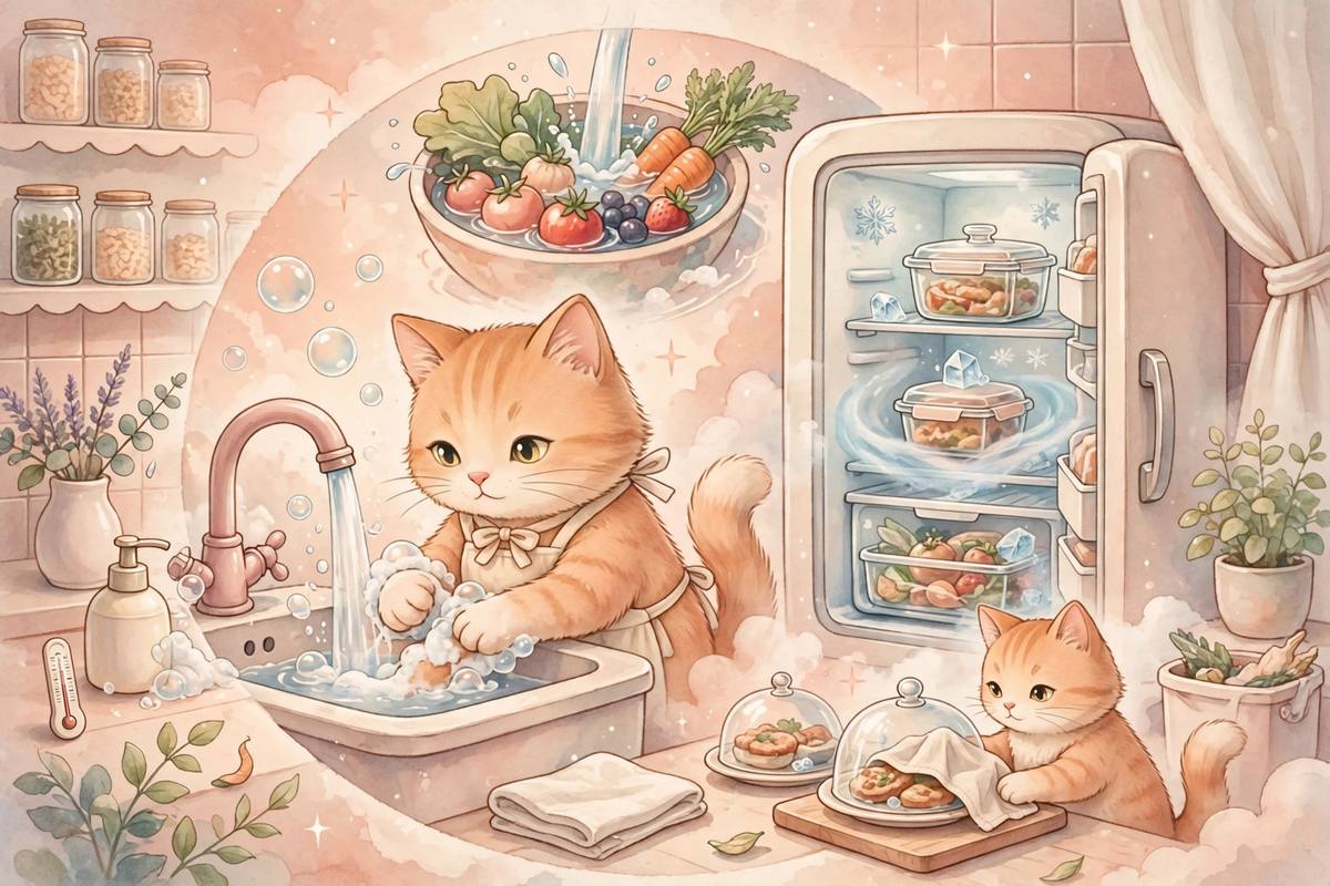 Ilustración suave de un gato junto a alimentos frescos y seguros, en tonos melocotón, rosa y crema