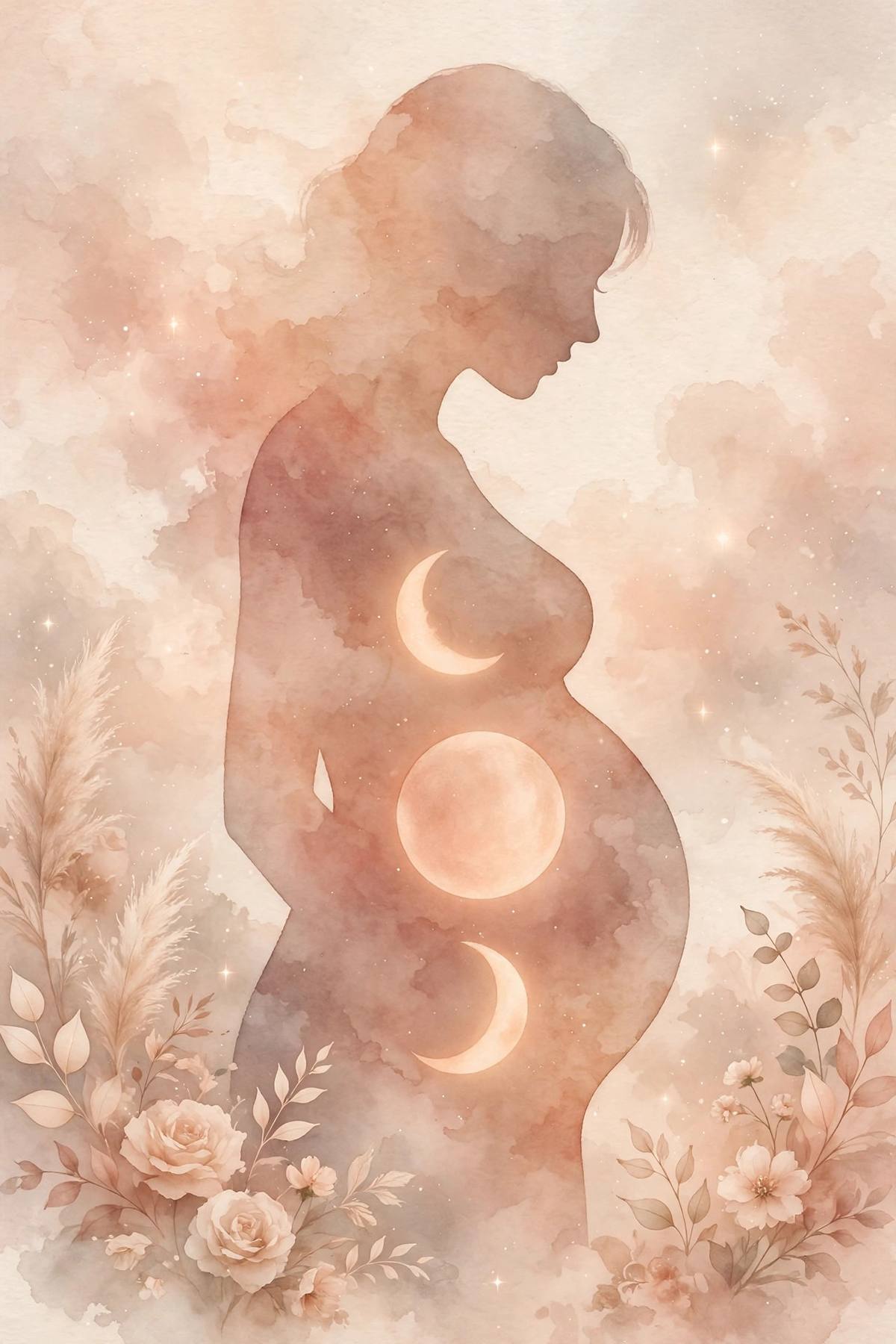 Ilustración surreal de una silueta embarazada con los tres trimestres representados como lunas brillantes