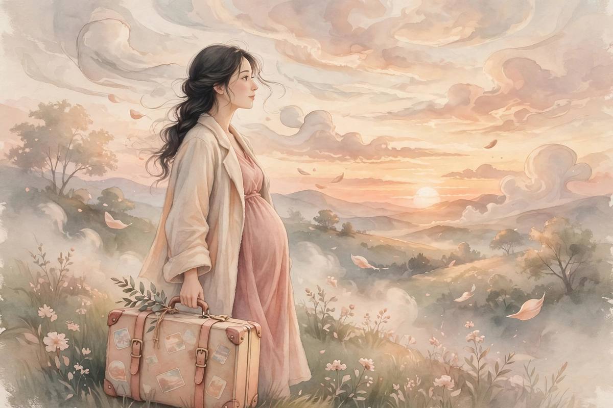 Ilustración onírica de una viajera embarazada con maleta contemplando un atardecer