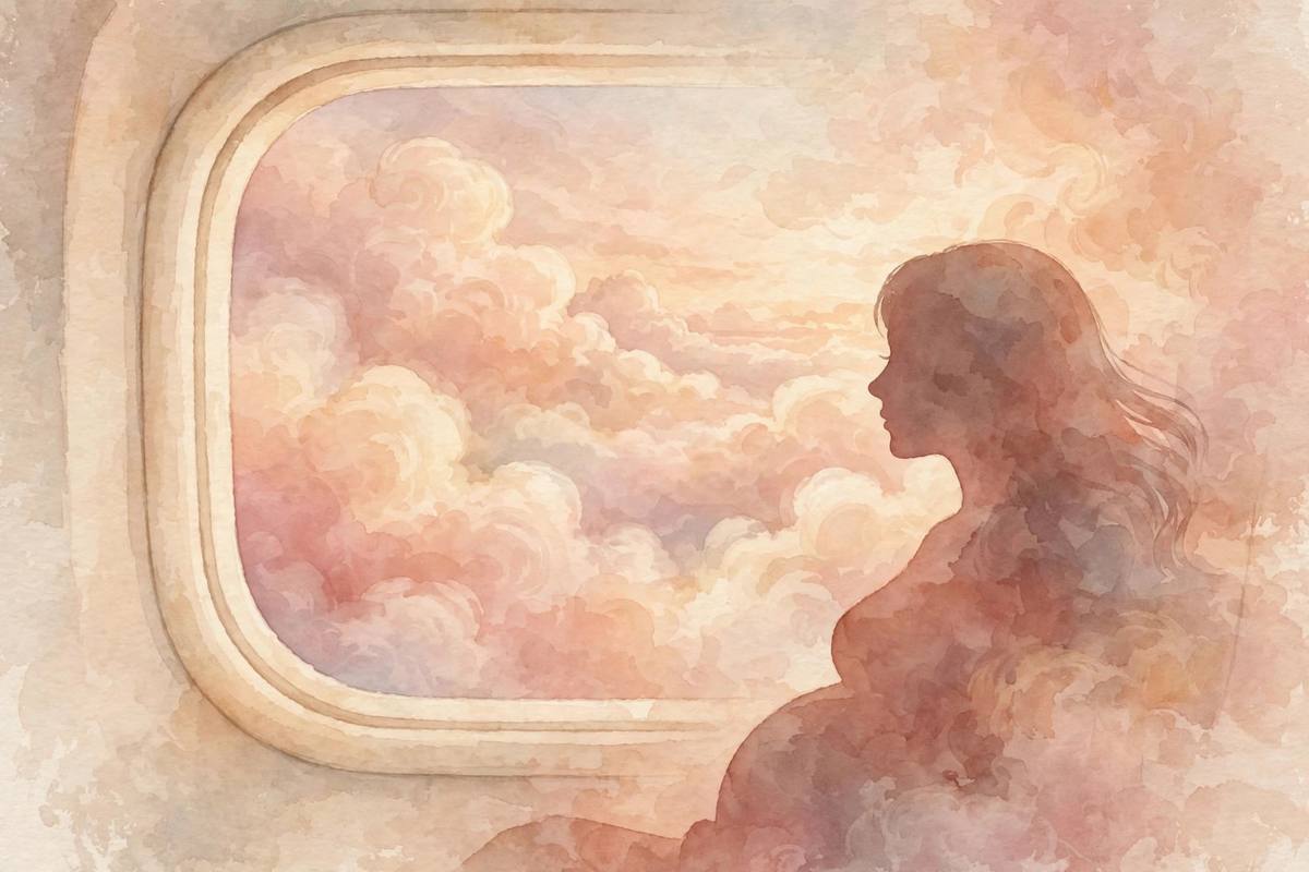 Ilustración onírica de un avión visto desde la ventanilla con nubes y la silueta de una embarazada