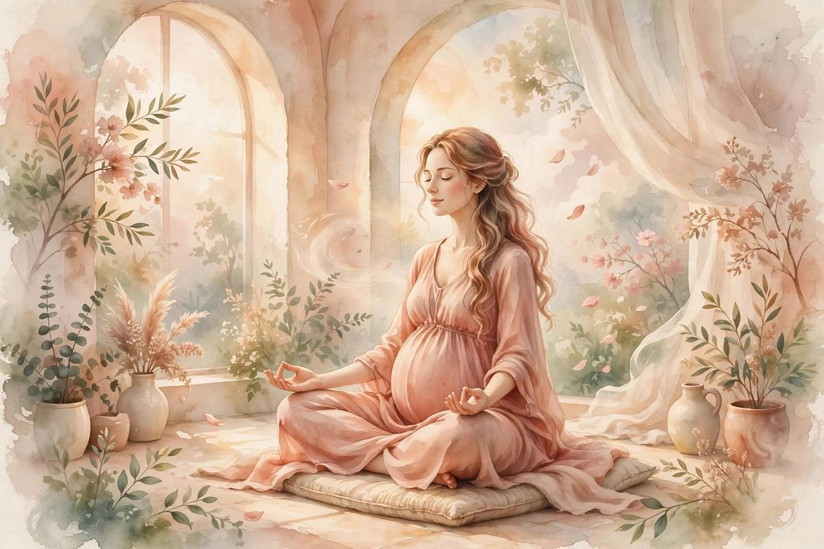 Ilustración suave de una mujer embarazada practicando yoga en una habitación soleada, en tonos cálidos